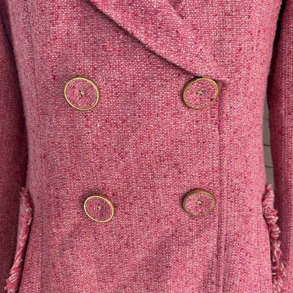 Cabi Madison Avenue pink tweed double breasted coat fringe hem gold hardware - Picture 4 of 16